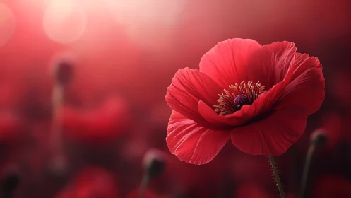 Luminous Red Poppy Blooming Against Blurred Crimson Garden Backdrop