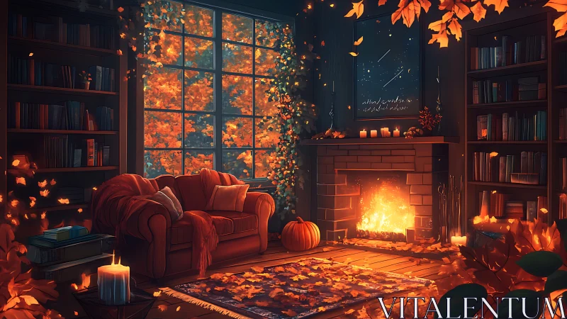 Autumn Library Fireplace. Magical Evening Sanctuary.