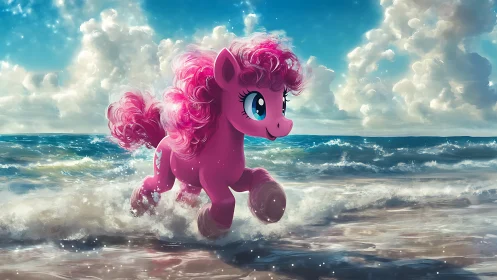 Pink cartoon pony sprinting through bright ocean surf.