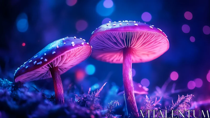 Bioluminescent fantasy mushrooms under neon forest glow.