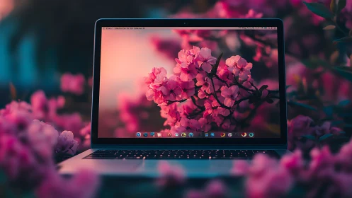Laptop amid blooming pink flowers with dreamy bokeh glow.