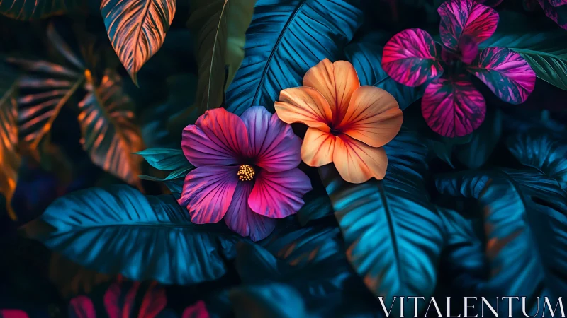 Vibrant Blooms Against Deep Blue Foliage.