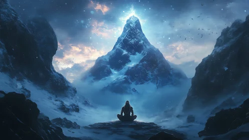 Meditative silhouette before glowing alpine spire at twilight