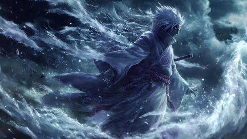 White-haired warrior stands in swirling blue energy storm