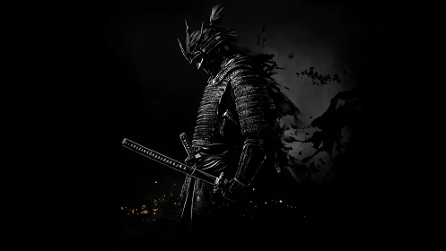 Shadowed samurai stands in dark armor holding katana blade.