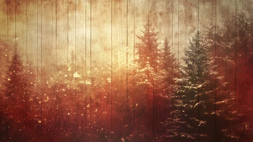 Misty conifer forest glows behind textured wooden overlay