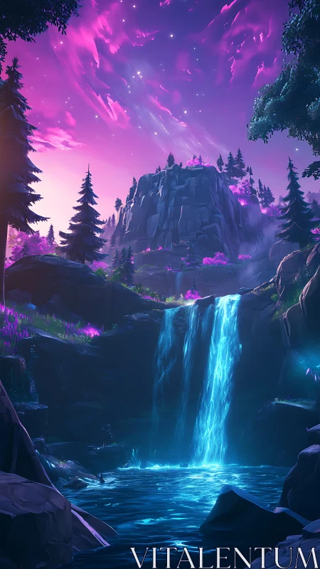 Neon waterfall cascades through stylized rocky forest valley