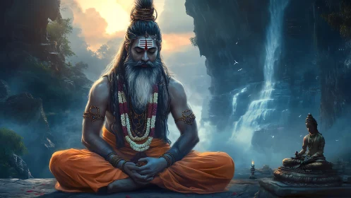 Mystical sage meditating before towering blue canyon waterfall.