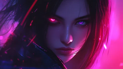 Cyberpunk woman stares forward under intense neon lighting.