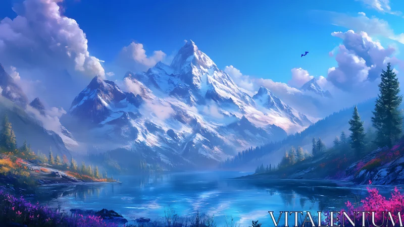 Peaceful mountain lake wrapped in glowing sunrise color.