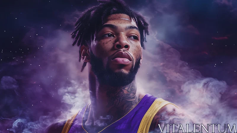 Basketball portrait amid cosmic smoke with vivid purple haze.