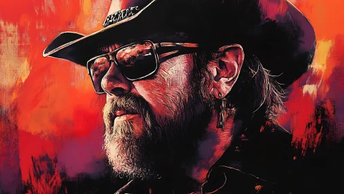 Textured digital portrait of bearded cowboy under red chroma field.