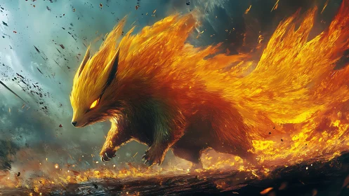 Flaming fox beast charges through smoldering battlefield inferno
