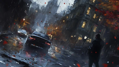 Rainy city street with cars and lone figure at night.