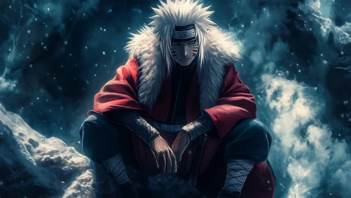 Cold-lit anime warrior crouching amid turbulent digital snowfield