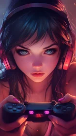 Focused gamer girl glowing in neon headphones and color.