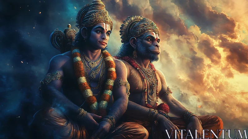 Divine monkey warriors meditate beneath radiant storm clouds.