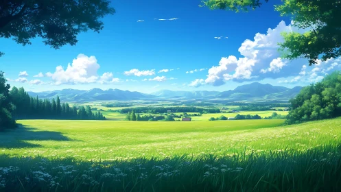 Wide rural valley landscape under clear summer sky.