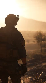 Soldier surveys sunlit desert ridge at warm dusk light