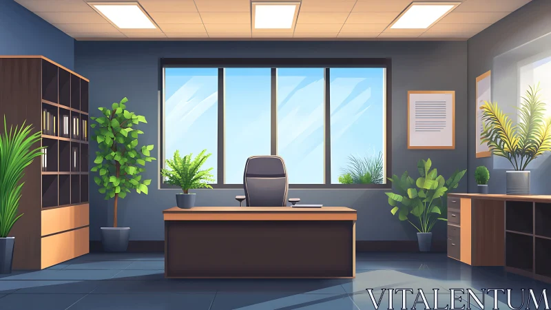Sunlit executive office rendered with clean geometric layout