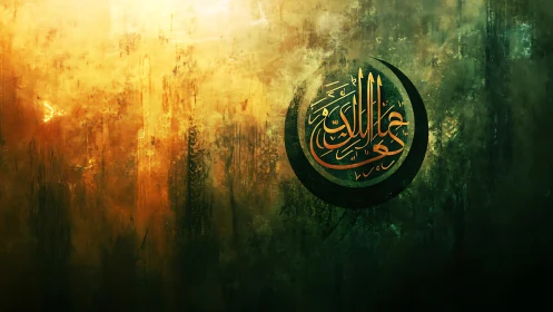Golden dusk halo cradling luminous Arabic calligraphy.