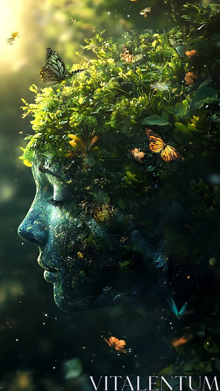 Gentle forest spirit crowned with butterflies and soft light.