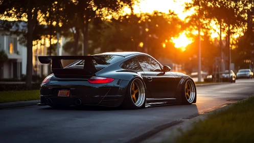 Modified black sports coupe parked on suburban street at sunset