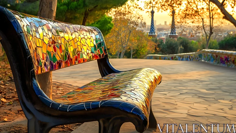 Colorful mosaic park bench at golden hour in cityscape.