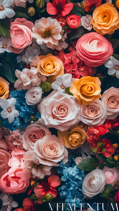 Layered Floral Abundance: Polychromatic Rose and Peony Composition.