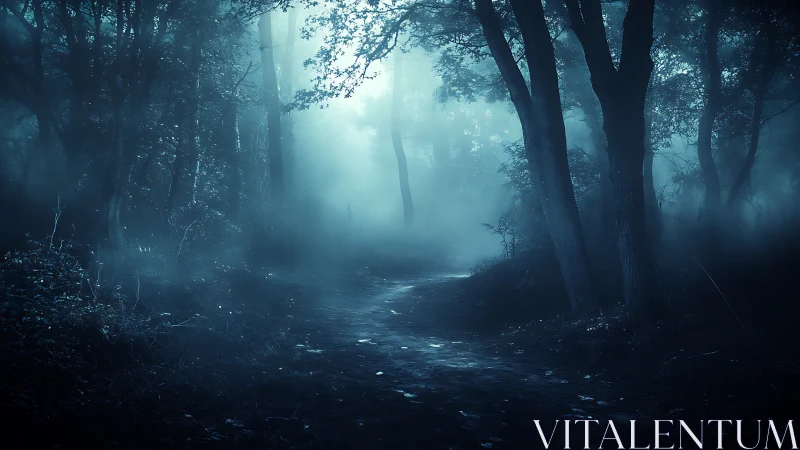 Atmospheric forest path with volumetric light rays traversing misty woodland environment