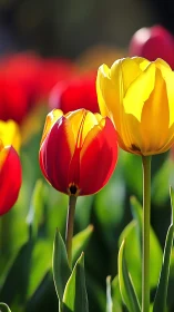 Vibrant Tulip Garden Blooms in Spring Sunlight.