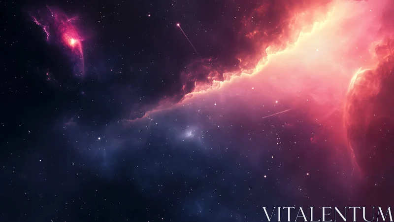 Crimson nebula ridge dividing luminous starfield.