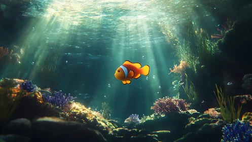 Sunlit clownfish glides gently through a glowing coral reef