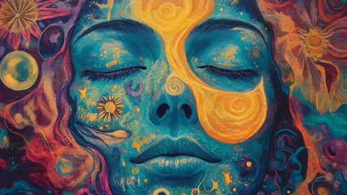 Dreaming face bathed in swirling sunlit cosmic colors.
