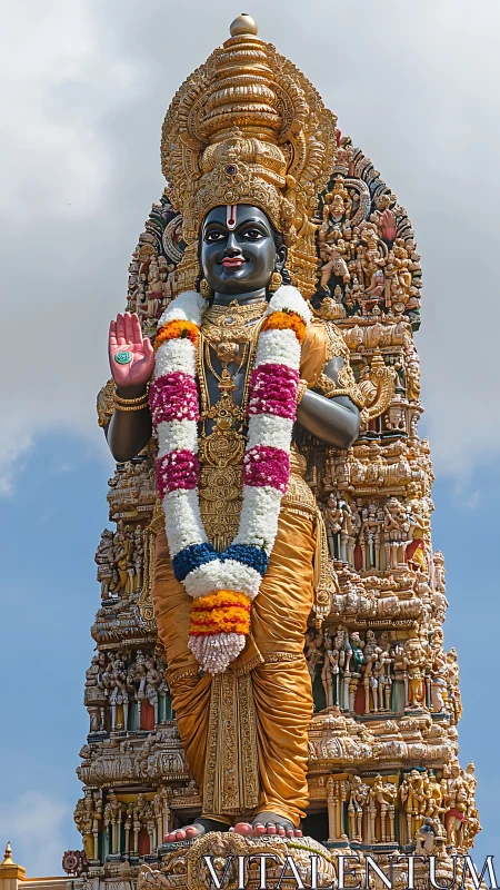 Majestic Hindu deity statue rises above ornate temple tower