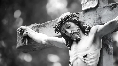 Silent stone sorrow leans forward from a weathered cross