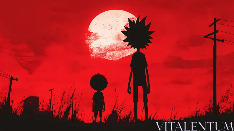 Bold red sunset welcomes two travelers into a quiet horizon