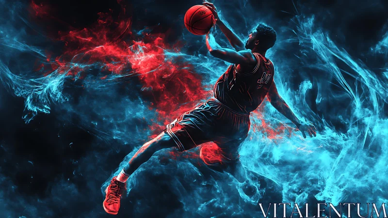 Electric court leap through swirling red and blue light.