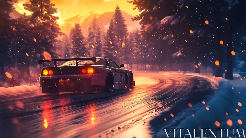 Twilight drift racer carving firelight across icy pines.
