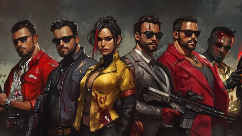 Gang of armed fighters stands in bloodstained urban gear