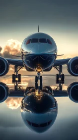 Front view of modern jet airliner over wet reflective tarmac.