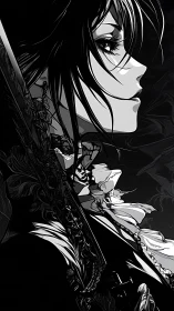 Monochrome anime warrior profile with detailed florals.