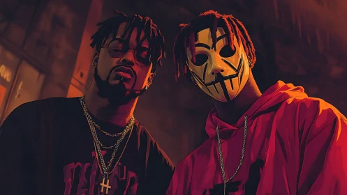 Two masked streetwear rappers stand under moody city lights