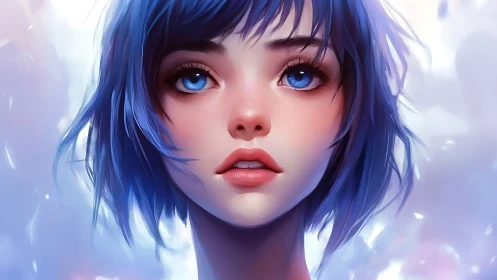 Blue haired young woman portrait in soft digital light.