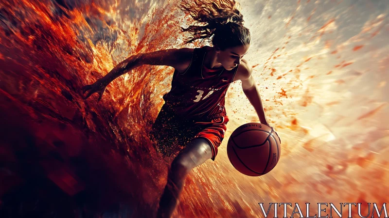 Dynamic female basketball player drives through fiery motion.