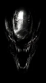 Monochrome biomechanical alien head rendered in high contrast