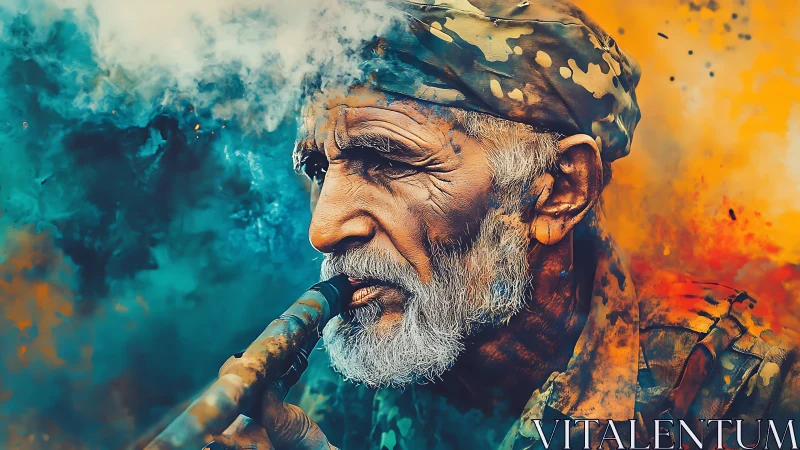 Older man with pipe is rendered in contrasting color fields