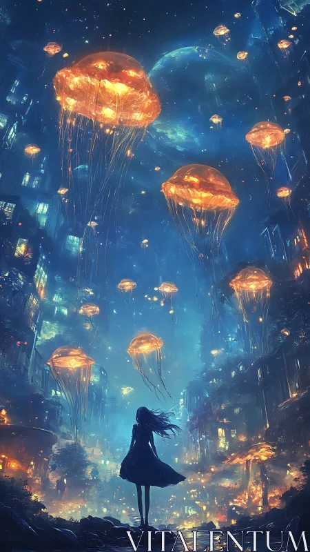 Glowing sky jellyfish drift gently above a dreaming city
