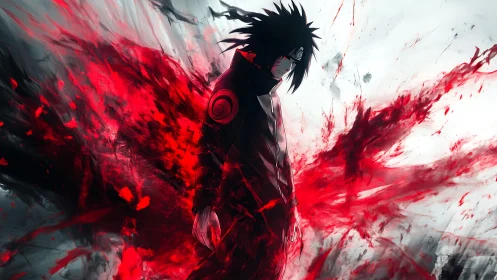 Brooding anime warrior amid violent crimson energy burst.