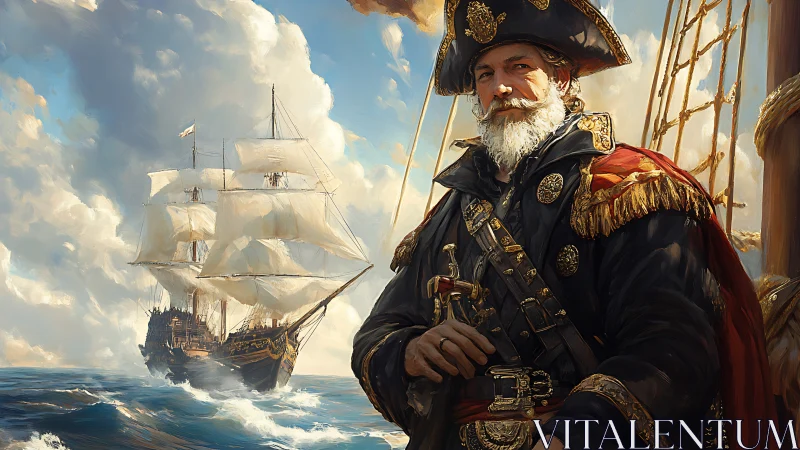 Weathered sea captain and tall ship under bright skies.